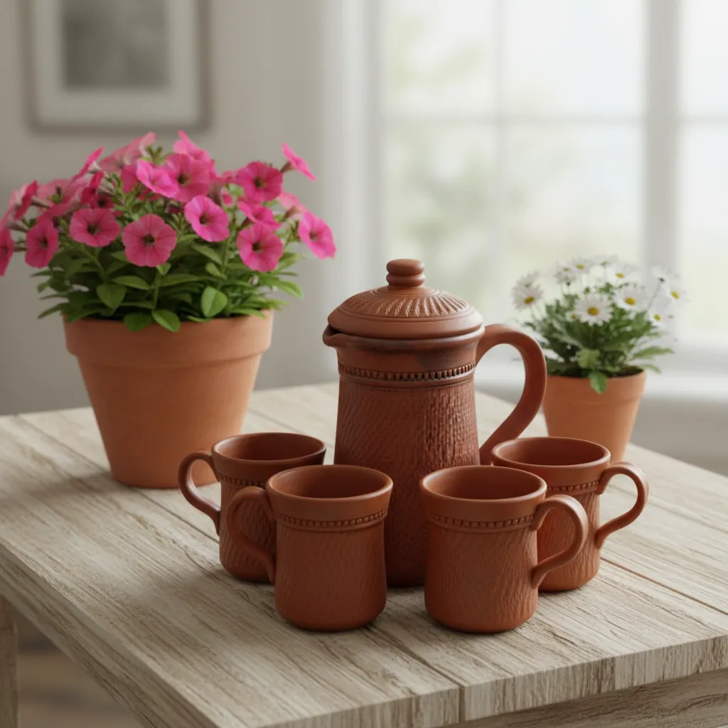 মাটির জগ ও মগ সেট (১টি জগ, ৪টি মগ) – Handmade Terracotta Water Jug Set