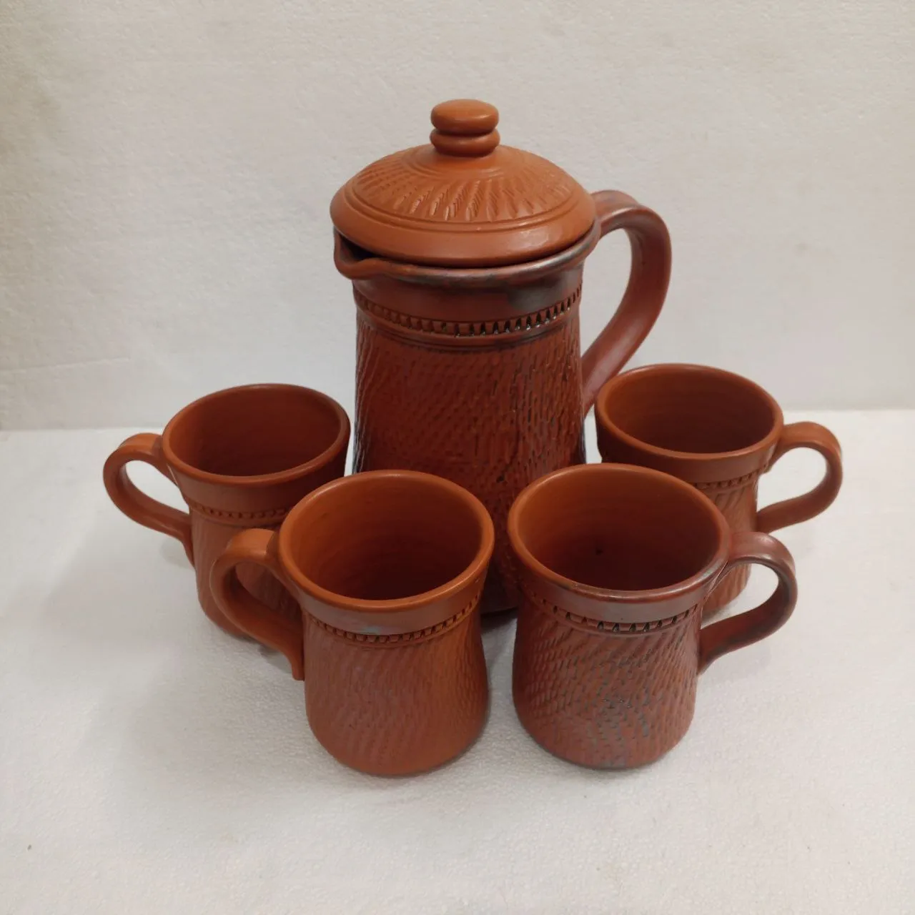 মাটির জগ ও মগ সেট (১টি জগ, ৪টি মগ) – Handmade Terracotta Water Jug Set